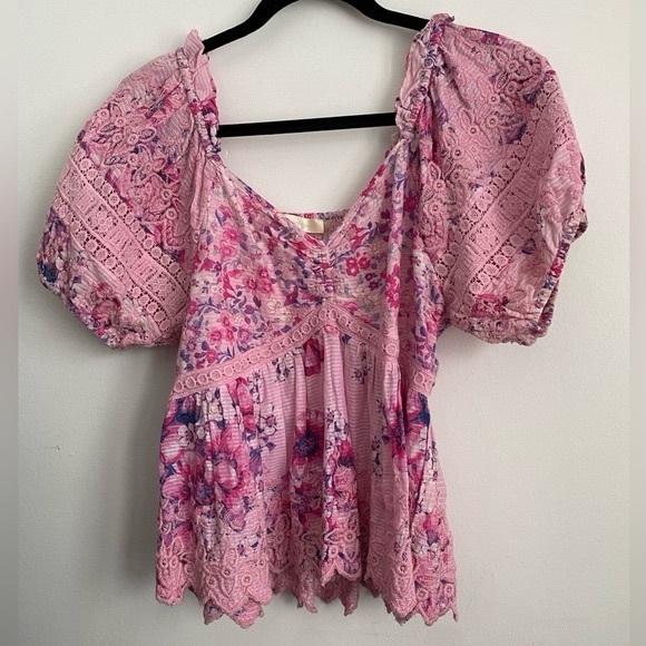 LoveshackfancyPreziaBlouseCottonPuffSleeveTopPinkFloralSmall - Picture 2 of 9